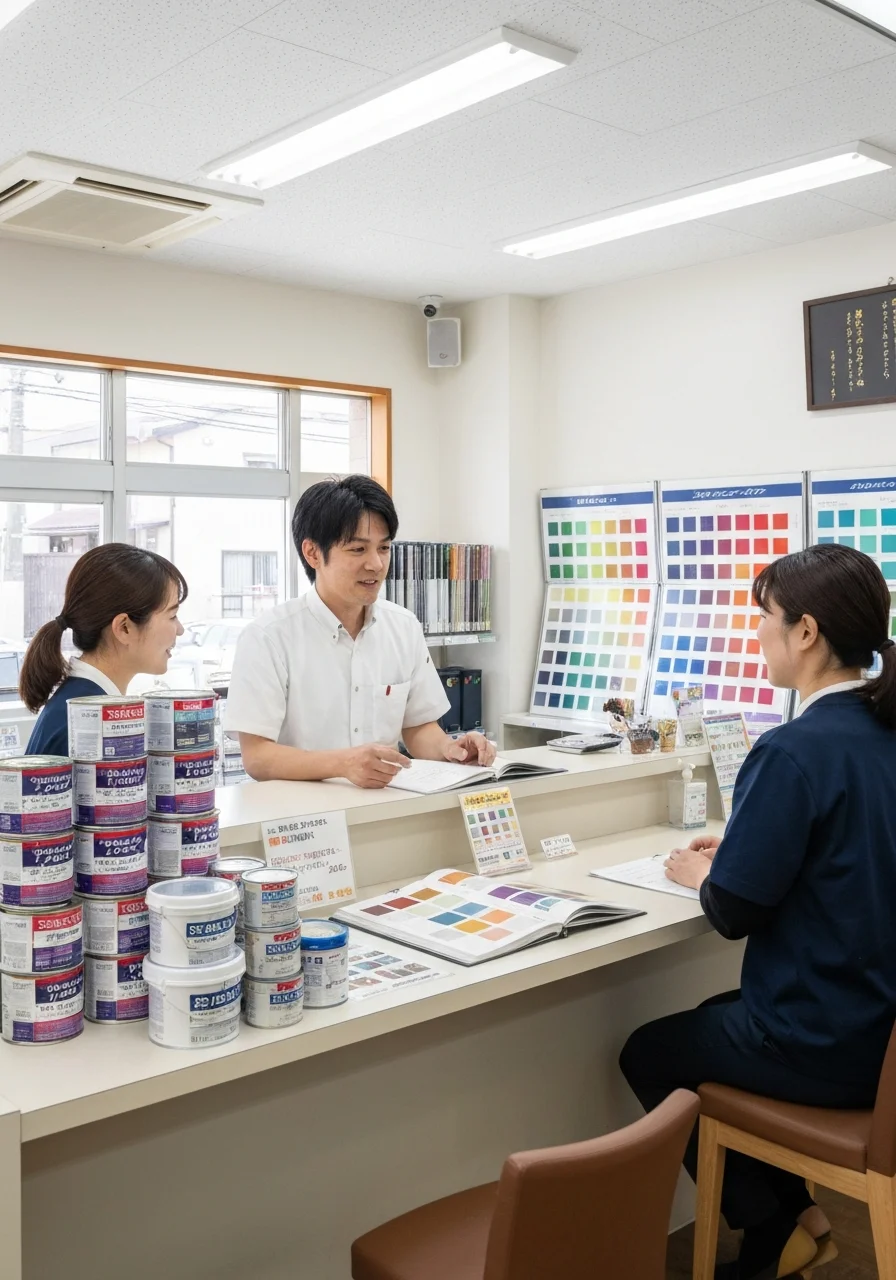 机の上に塗料見本と資料を並べて用途の違いを手元で説明する場面