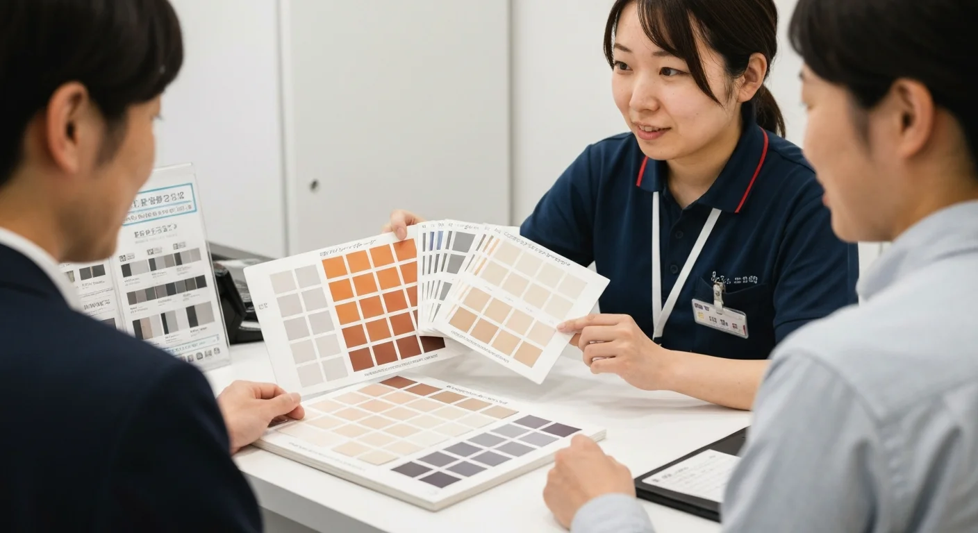 色見本帳を開いて塗膜の色差と仕上がりの近さを確認する手元