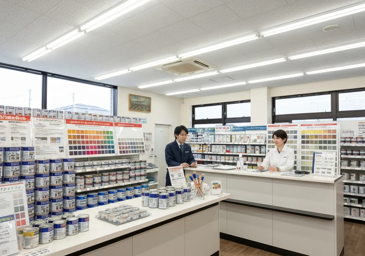 車両補修用の塗料缶と調色カップが整然と並ぶ作業台の俯瞰