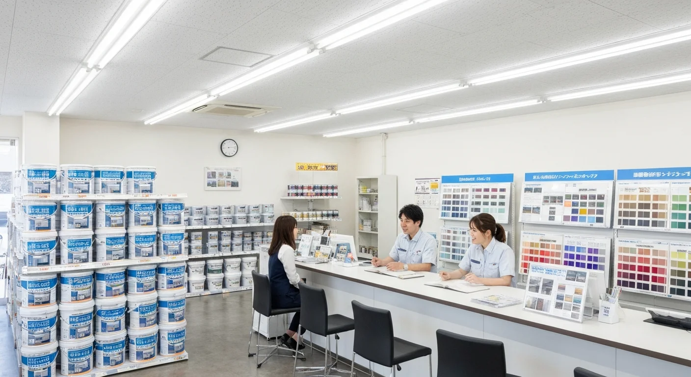 建築塗料や車両塗料の缶が整然と並ぶ売り場の奥に相談カウンターが見える店内全景